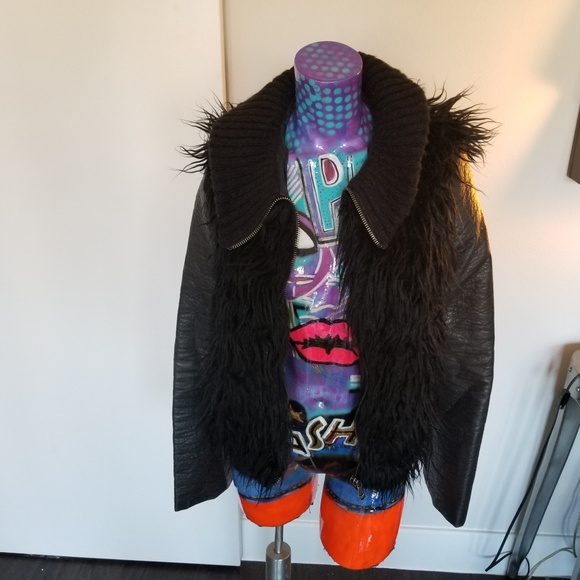 Blk distressed leather Faux Fur moto jacket - Picture 3 of 6